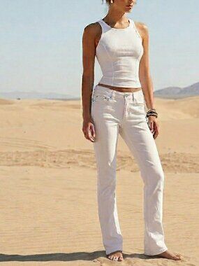 YAH White Jeans Women Low Rise Stretch Semi Slim Flare Hem Waist 23–24 Korea